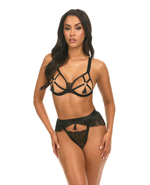 Oh La La Cheri 40-12083 Annika Cage Fringe Bra Set, Black L/XL