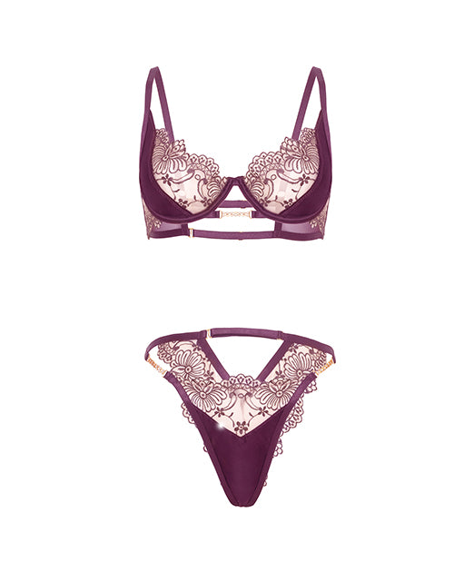 Oh La La Cheri Loretta Floral Embroidered Unlined Underwire Bra and Panty Set with Rhinestone Detail, Baroque Blossom/Potent Purple, Large