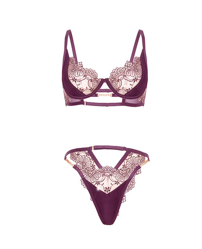 Oh La La Cheri Loretta Floral Embroidered Unlined Underwire Bra and Panty Set with Rhinestone Detail, Baroque Blossom/Potent Purple, Large