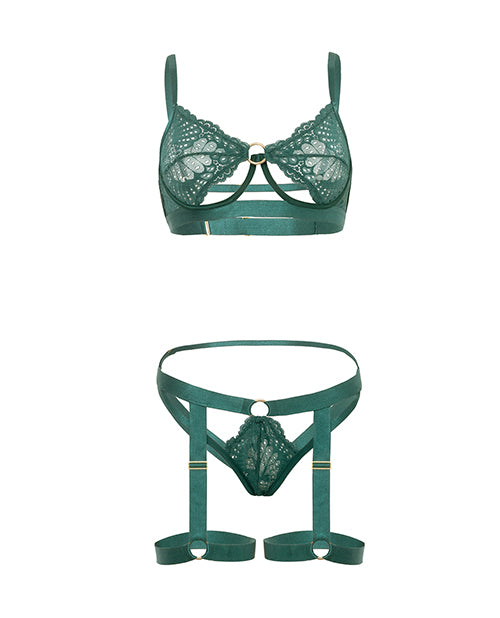 Oh La La Cheri Darlene Unlined Underwire Lace Bra Set with Gartered Bottom and Straps, Green, S/M