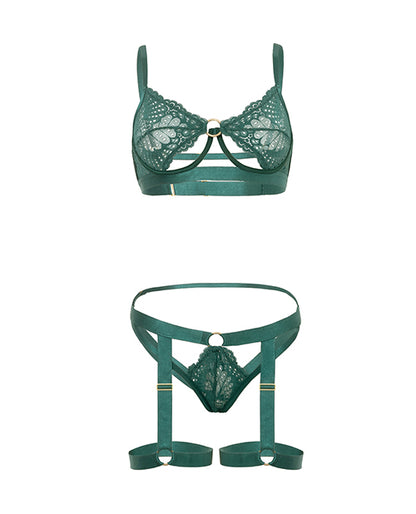 Oh La La Cheri Darlene Unlined Underwire Lace Bra Set with Gartered Bottom and Straps, Green, S/M