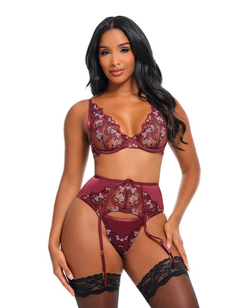 Oh La La Cheri Eloise Floral Embroidered 3-Piece Underwire Bra Set, Burgundy, Large