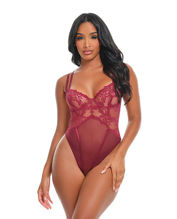 Oh La La Cheri Marisol Lace and Mesh Unlined Underwire Teddy, Zinfandel, S/M