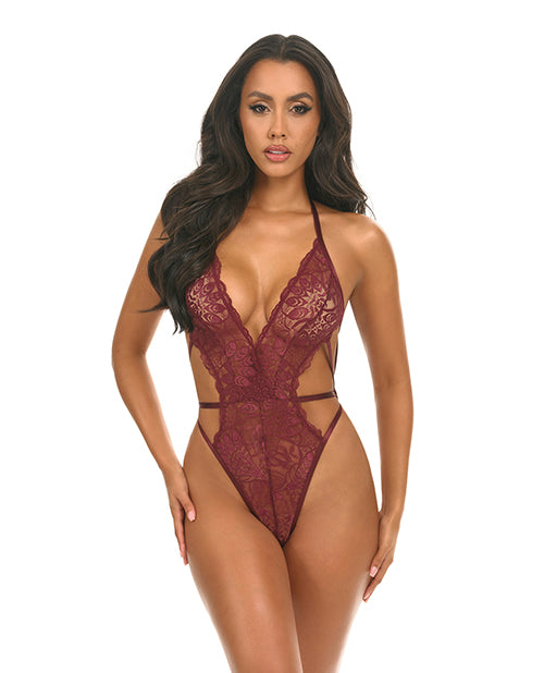 Oh La La Cheri 52-11972 ZFD L/XL Lina Lace Halter Teddy, Burgundy L/XL