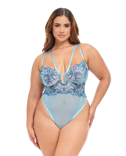 Oh La La Cheri Emilia Floral Embroidered Sheer Mesh Teddy, Blue 1X