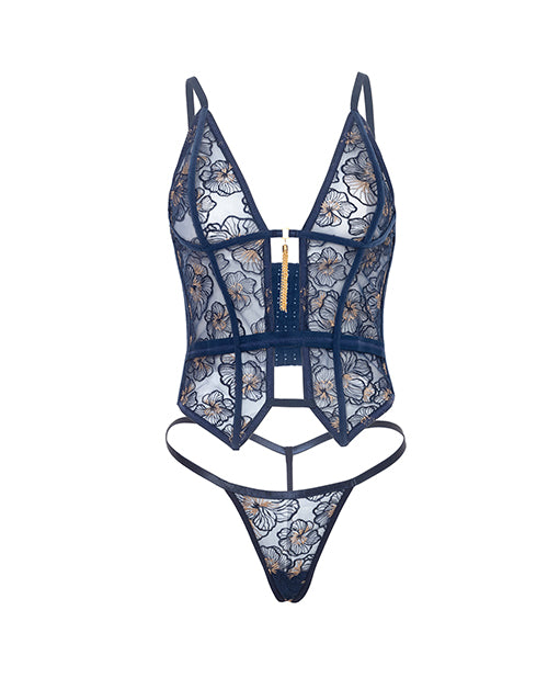 Oh La La Cheri Bleu Floral Embroidered Bustier Set, Cheri Blossom/Estate Blue, Medium