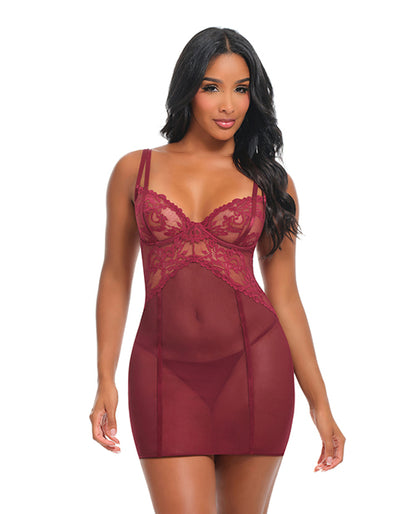 Oh La La Cheri Marisol Unlined Underwire Lace and Mesh Babydoll, Zinfandel, S/M