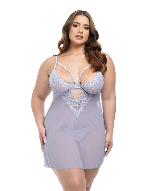 Oh La La Cheri 74-11532X Elsie Lace & Mesh Babydoll Set, Light Blue