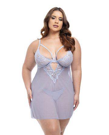 Oh La La Cheri 74-11532X Elsie Lace & Mesh Babydoll Set, Light Blue
