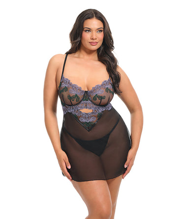 Oh La La Cheri Curvy Jenna Floral Embroidered Mesh Babydoll Set, Ethereal Petals/Black, 1X