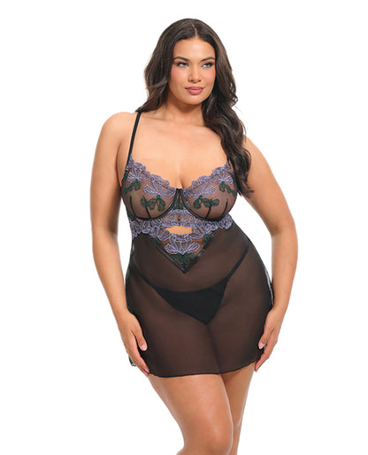 Oh La La Cheri Curvy Jenna Floral Embroidered Mesh Babydoll Set, Ethereal Petals/Black, 1X