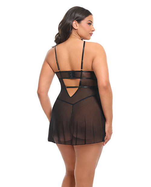 Oh La La Cheri Curvy Jenna Floral Embroidered Mesh Babydoll Set, Ethereal Petals/Black, 1X