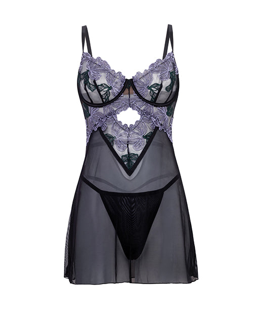 Oh La La Cheri Curvy Jenna Floral Embroidered Mesh Babydoll Set, Ethereal Petals/Black, 1X