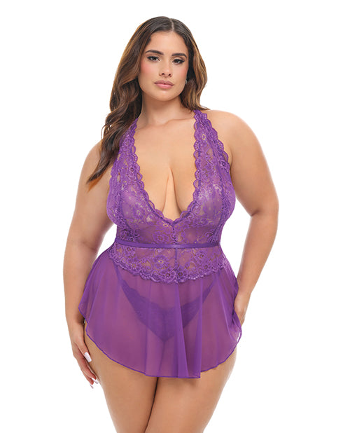 Oh La La Cheri Harmony V-Plunge Lace & Mesh Babydoll with G-String, Purple 1X/2X