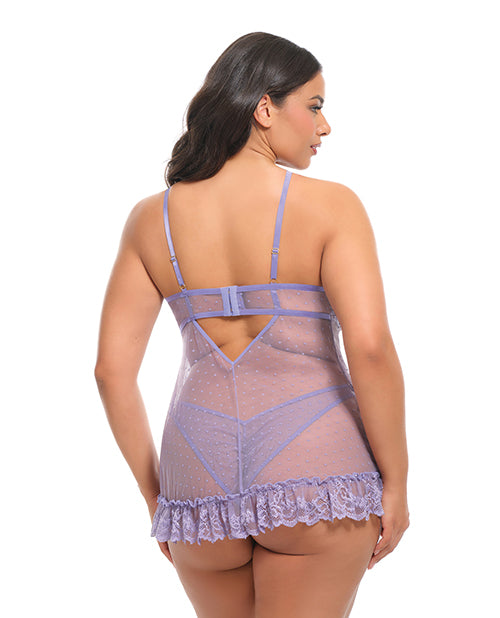 Oh La La Cheri Amira Lace and Mesh Babydoll Set with Underwire, 1X/2X, Purple Haze