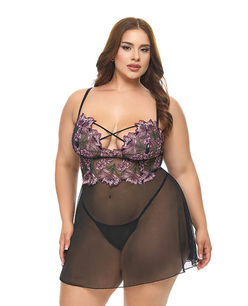 Oh La La Cheri Curvy Adela Floral Sheer Babydoll, Black/Pink 2X