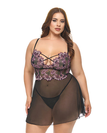 Oh La La Cheri Curvy Adela Floral Sheer Babydoll, Black/Pink 2X