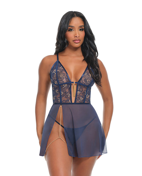 Oh La La Cheri Bleu Floral Embroidered Babydoll Set, Large, Cheri Blossom/Estate Blue