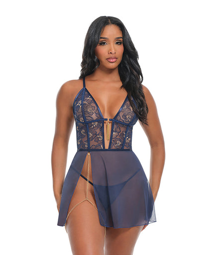 Oh La La Cheri Bleu Floral Embroidered Babydoll Set, Large, Cheri Blossom/Estate Blue