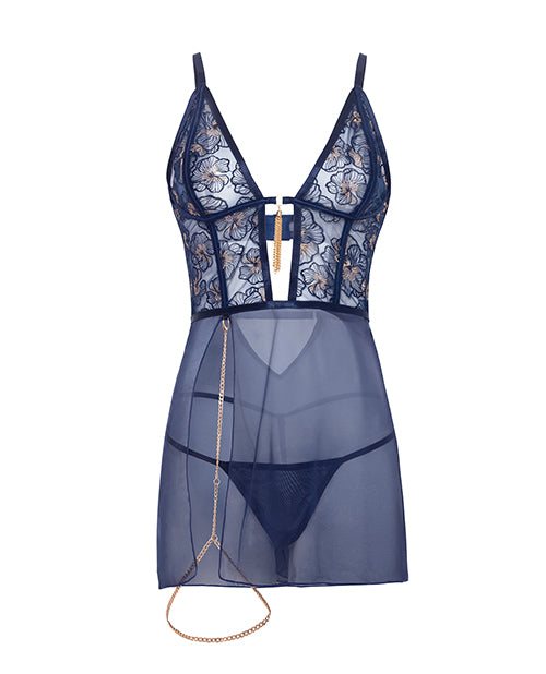 Oh La La Cheri Bleu Floral Embroidered Babydoll Set, Large, Cheri Blossom/Estate Blue