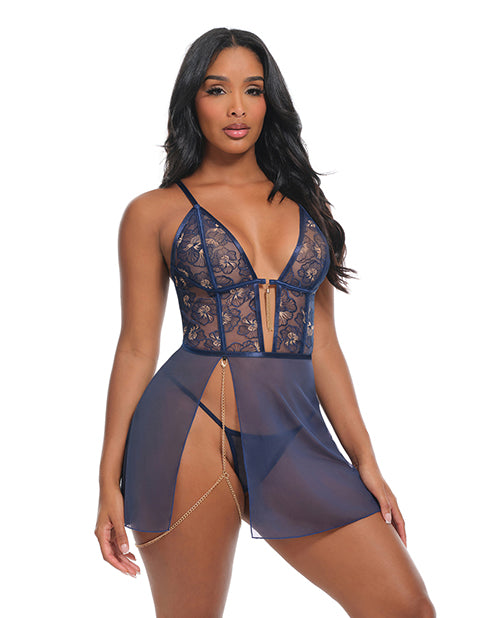 Oh La La Cheri Bleu Floral Embroidered V-Plunge Babydoll Set, Navy, Medium