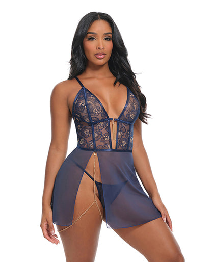 Oh La La Cheri Bleu Floral Embroidered Babydoll Set with Chain Details, Navy, Small