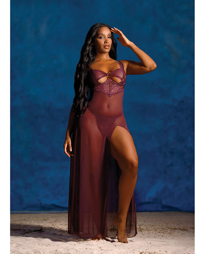 Oh La La Cheri Antonella Lace Underwire Gown with O-Ring Details, Burgundy, XL
