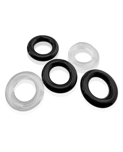 Hunky Junk Jacker 5-Pack Cockring Set, Clear and Black