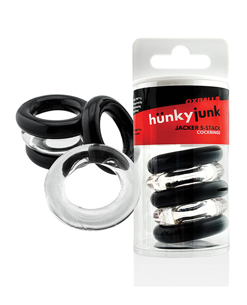 Hunky Junk Jacker 5-Pack Cockring Set, Clear and Black