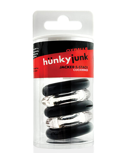 Hunky Junk Jacker 5-Pack Cockring Set, Clear and Black