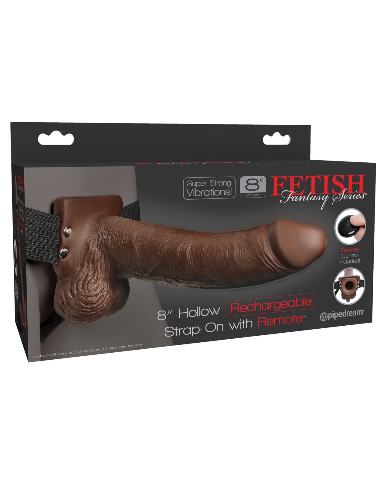 Pipedream 339429 Fetish Fantasy 8" Hollow Strap On, Brown, Remote