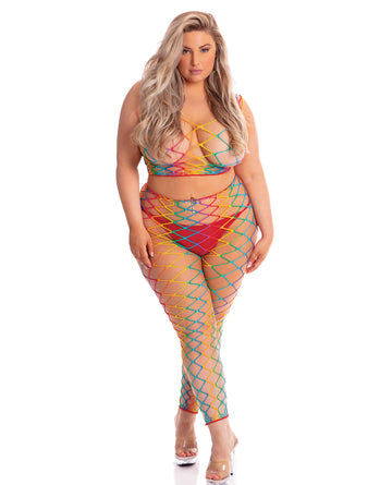 Pink Lipstick 23078X-RNBW OS 2 pc Bodystocking, Rainbow, Queen Size