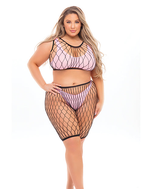 Rene Rofe Pink Lipstick Fishnet Lingerie Set, Fits up to 3X