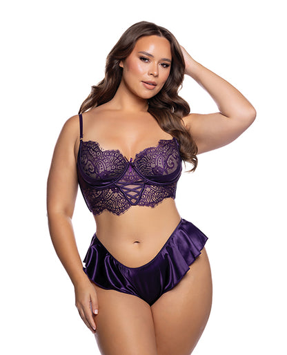 Roma Costume Lace Bralette and Satin Ruffle Shorts Set, Purple, 1X