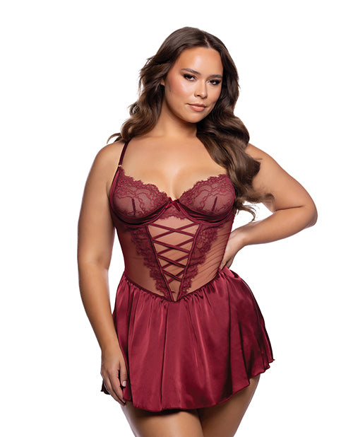 Roma Costume Lace and Satin Babydoll with Crisscross Detail, Wine, 2X