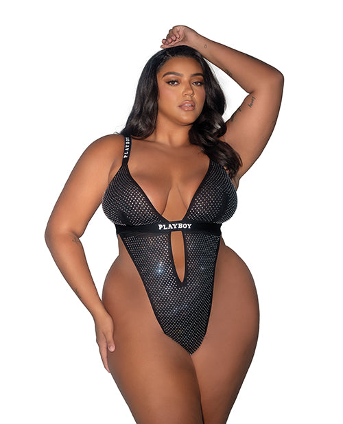 Roma Costume Playboy Disco Fever Rhinestone Spandex Teddy, Black 1X