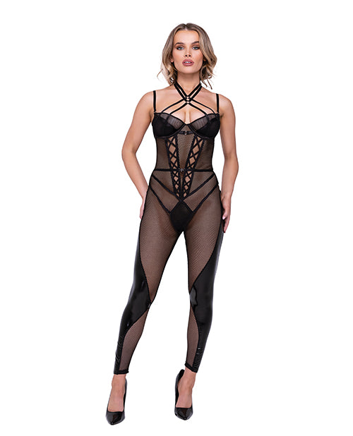 Roma Costume Flirty Fetish Fishnet & Faux Leather Catsuit, Black