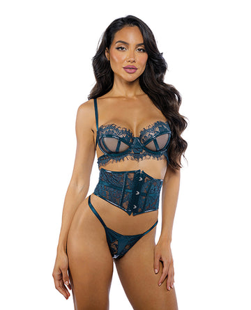 Roma Costume Eden Scalloped Lace & Faux Patent Leather Waspie 3-Piece Set, Teal
