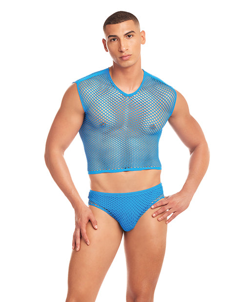 Rene Rofe 43001 Blue S/M 3 pc Mesh Lingerie Set w/Thong