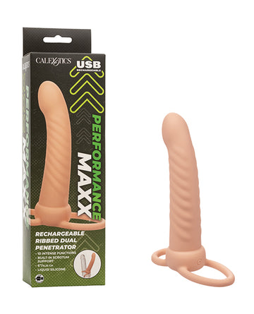 California Exotic Novelties Performance Maxx Ribbed Dual Penetrator, Ivory
