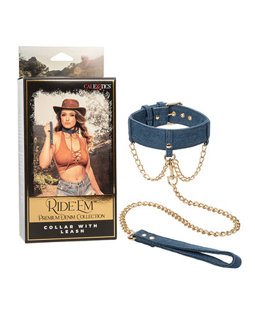 California Exotic Novelties Ride 'em Premium Denim Collar with Leash, Blue