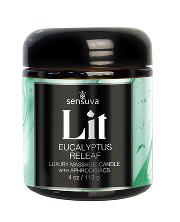 Sensuva Lit Eucalyptus and Tea Leaf Releaf Luxury Massage Candle, 4 oz