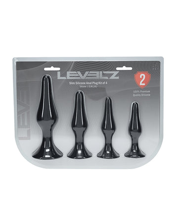 Shots America LVL02-0017BLK Slim Silicone Anal Plug Kit, 4 Sizes, Black