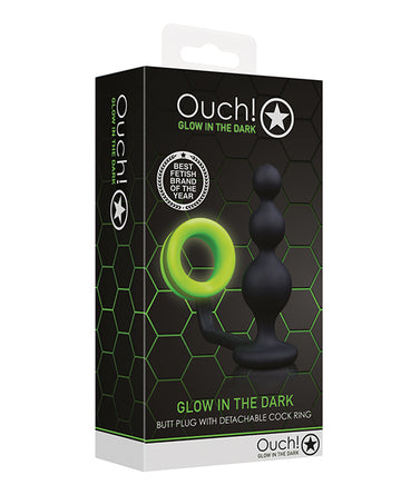 Shots Ouch! Glow in the Dark Butt Plug with Cock Ring, Body-Safe Silicone
