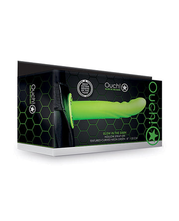 Shots America Ouch Textured Curved Hollow Strap-On, 8" Glow-in-the-Dark