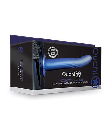 Shots Ouch! Textured Curved Hollow Strap-On, 8" – Metallic Blue, Phthalate-Free
