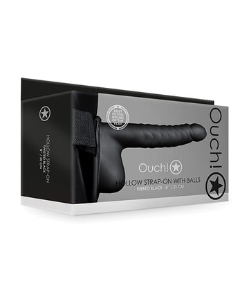Shots America LLC OU817BLK 8-Inch Ribbed Hollow Strap On w/Balls, Black