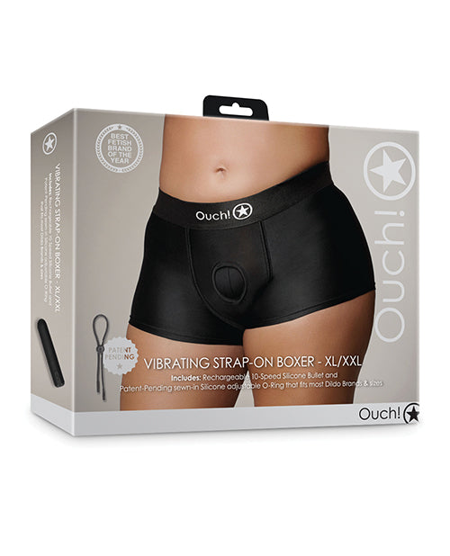 Shots Ouch! Vibrating Strap-On Boxer, Black XL/XXL with 10-Speed Bullet
