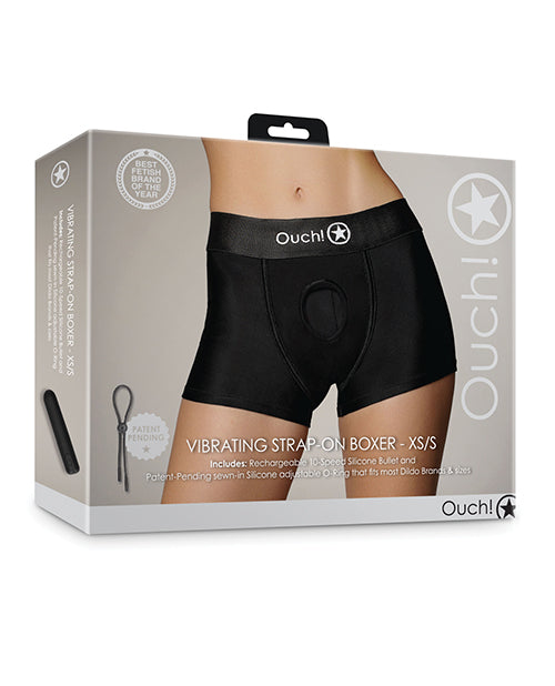 Shots Ouch Vibrating Strap On Boxer, Black XS/S with 10-Speed Vibrator