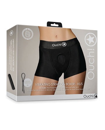 Shots Ouch Vibrating Strap On Boxer, Black XS/S with 10-Speed Vibrator